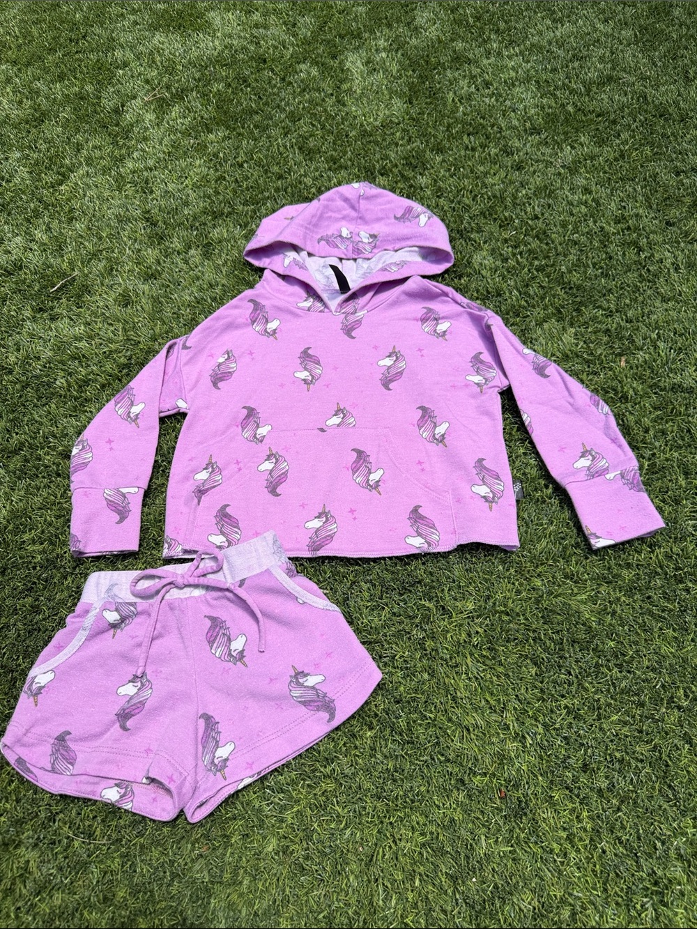 Pixielane Girls' Lavender Unicorn Hooded 2-Piece Shorts & Top Set